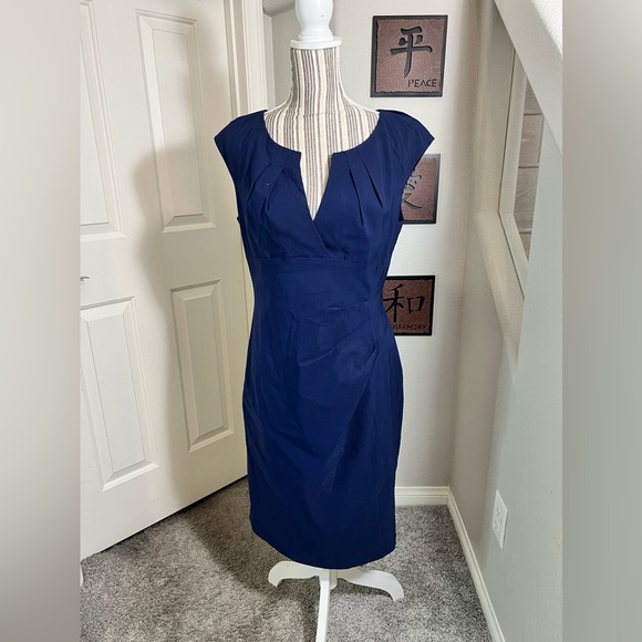 Adrianna Papell $140 Navy Blue Knit Crepe Draped Sleeveless Midi Dress 12 - Picture 3 of 11